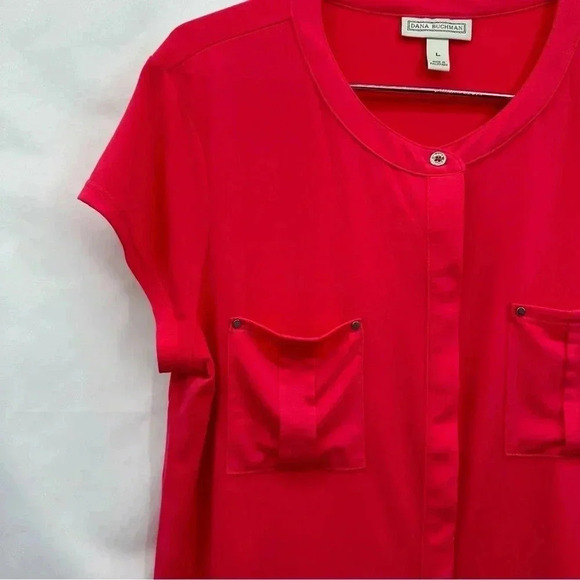Dana Buchman Women’s Top Blouse Large Pink Short Sleeve Button Down Pockets - Picture 2 of 10